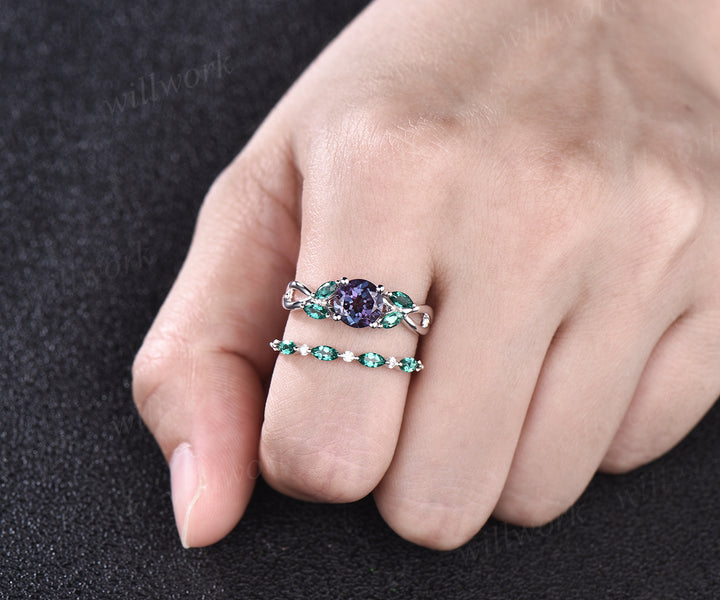 June Birthstone Round Cut Alexandrite Engagement Ring Set Unique Twisted Split Shank Ring Art Deco Moissanite Emerald 2pcs Bridal Ring Set Women