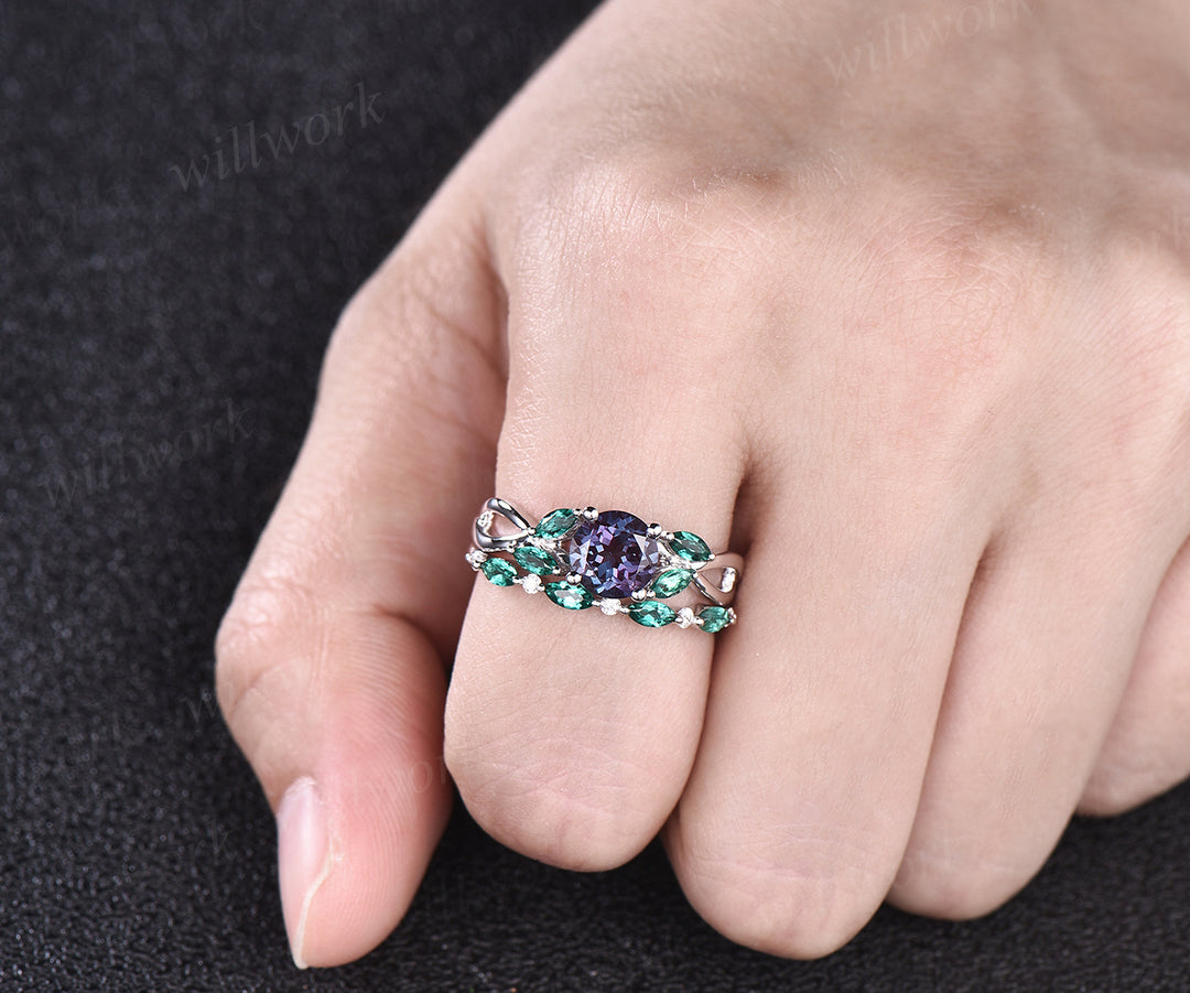 June Birthstone Round Cut Alexandrite Engagement Ring Set Unique Twisted Split Shank Ring Art Deco Moissanite Emerald 2pcs Bridal Ring Set Women