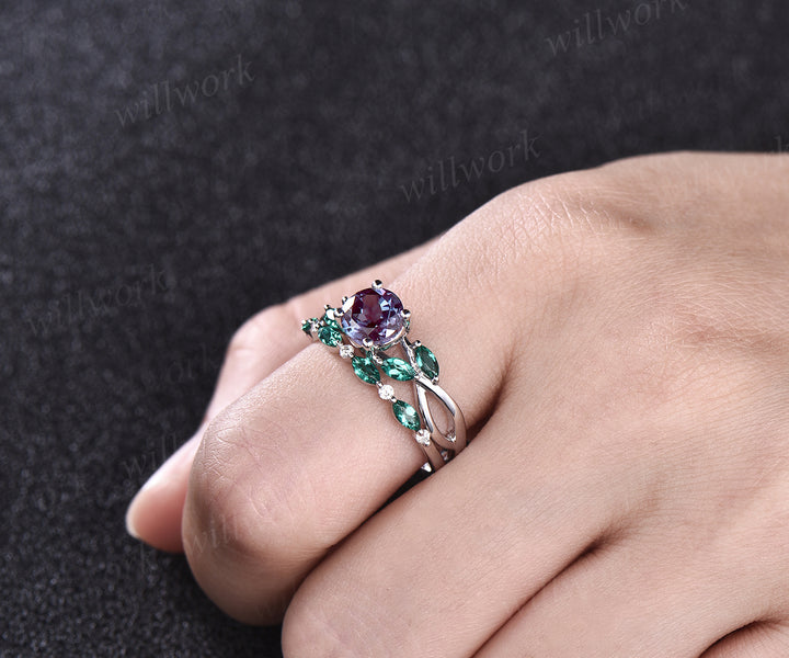 June Birthstone Round Cut Alexandrite Engagement Ring Set Unique Twisted Split Shank Ring Art Deco Moissanite Emerald 2pcs Bridal Ring Set Women