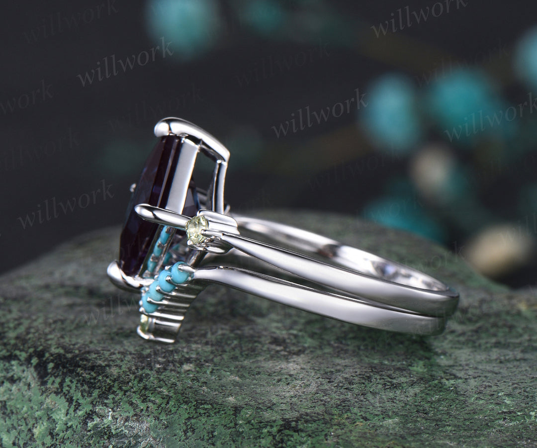Princess Cut Alexandrite Engagement Ring Set Natural Peridot Turquoise Curved V Shaped Wedding Band June Birthstone Three Stone 2pcs Bridal Ring Set