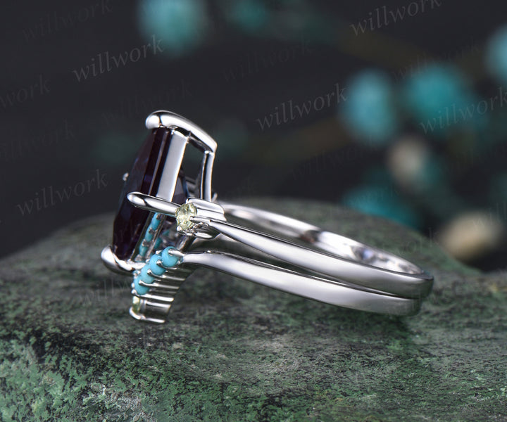 Princess Cut Alexandrite Engagement Ring Set Natural Peridot Turquoise Curved V Shaped Wedding Band June Birthstone Three Stone 2pcs Bridal Ring Set