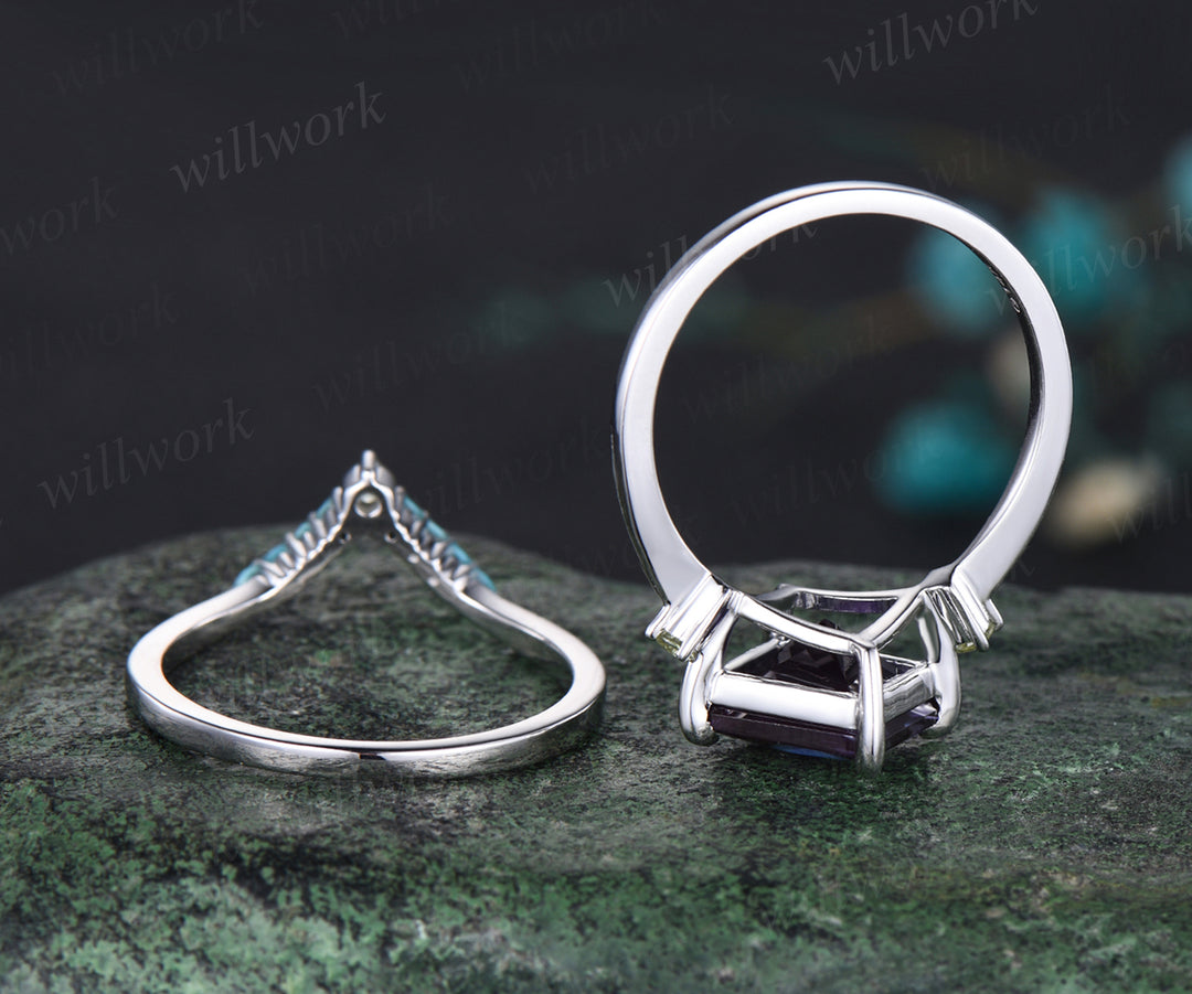 Princess Cut Alexandrite Engagement Ring Set Natural Peridot Turquoise Curved V Shaped Wedding Band June Birthstone Three Stone 2pcs Bridal Ring Set
