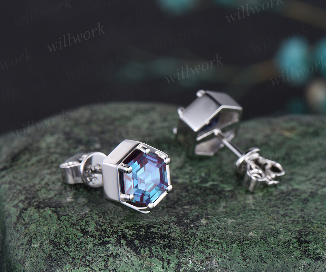 Unique Hexagon Cut June Birthstone Pierced Earrings Color Change Stone Solitaire Stud Earrings Promise Birthday Gift