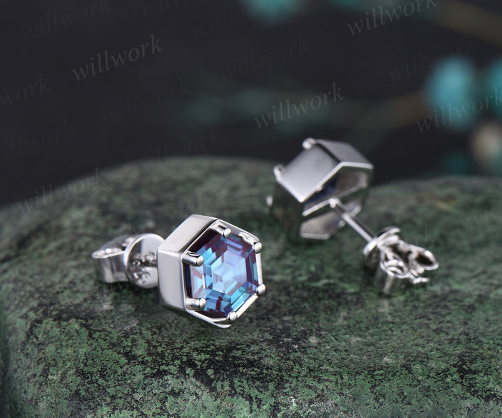 Unique Hexagon Cut June Birthstone Pierced Earrings Color Change Stone Solitaire Stud Earrings Promise Birthday Gift