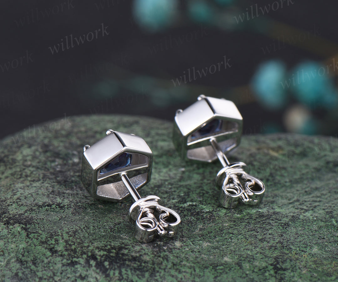 Unique Hexagon Cut June Birthstone Pierced Earrings Color Change Stone Solitaire Stud Earrings Promise Birthday Gift