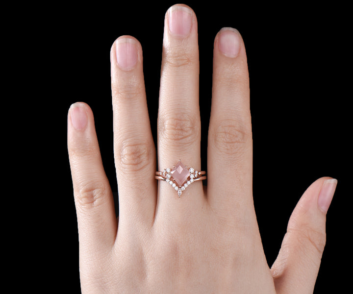 Unique rose quartz engagement ring art deco snowdrift cluster ring minimalist crystal ring set curved v shape wedding band bridal ring set gifts for women
