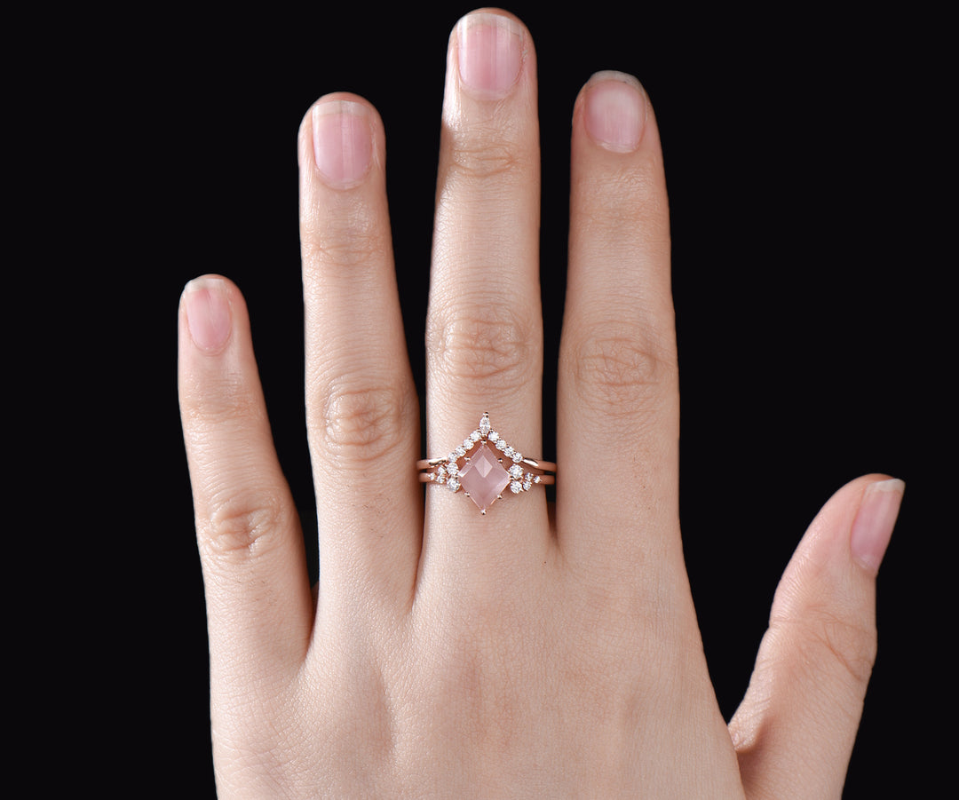 Unique rose quartz engagement ring art deco snowdrift cluster ring minimalist crystal ring set curved v shape wedding band bridal ring set gifts for women