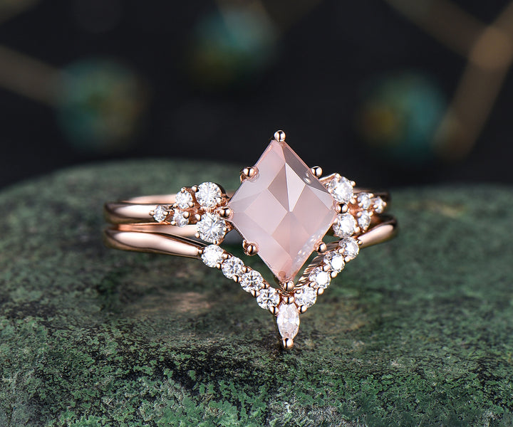 Unique rose quartz engagement ring art deco snowdrift cluster ring minimalist crystal ring set curved v shape wedding band bridal ring set gifts for women