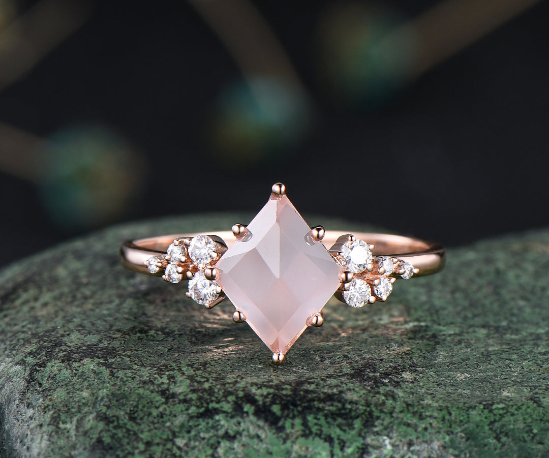 Unique rose quartz engagement ring art deco snowdrift cluster ring minimalist crystal ring set curved v shape wedding band bridal ring set gifts for women