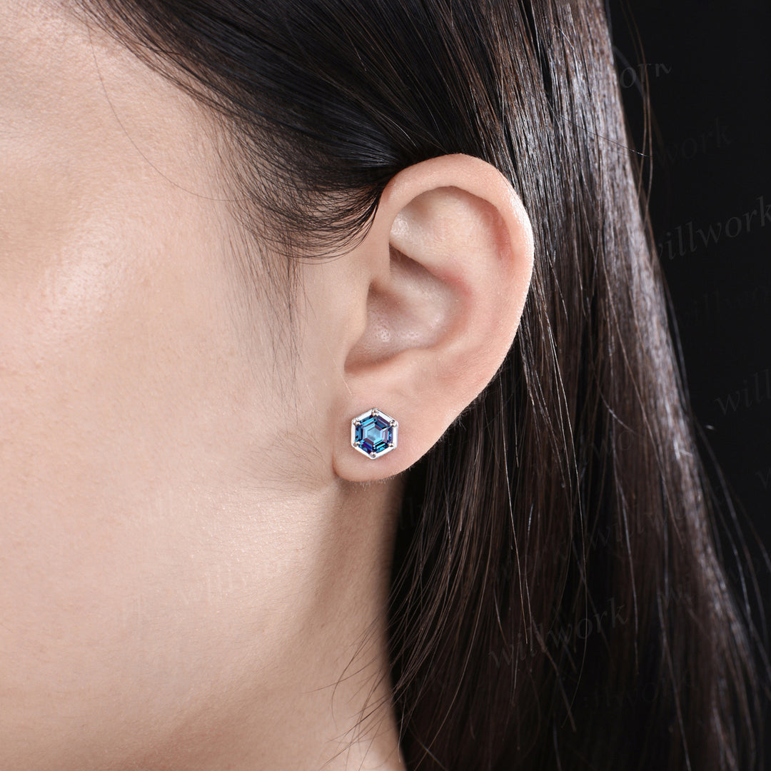 Unique Hexagon Cut June Birthstone Pierced Earrings Color Change Stone Solitaire Stud Earrings Promise Birthday Gift