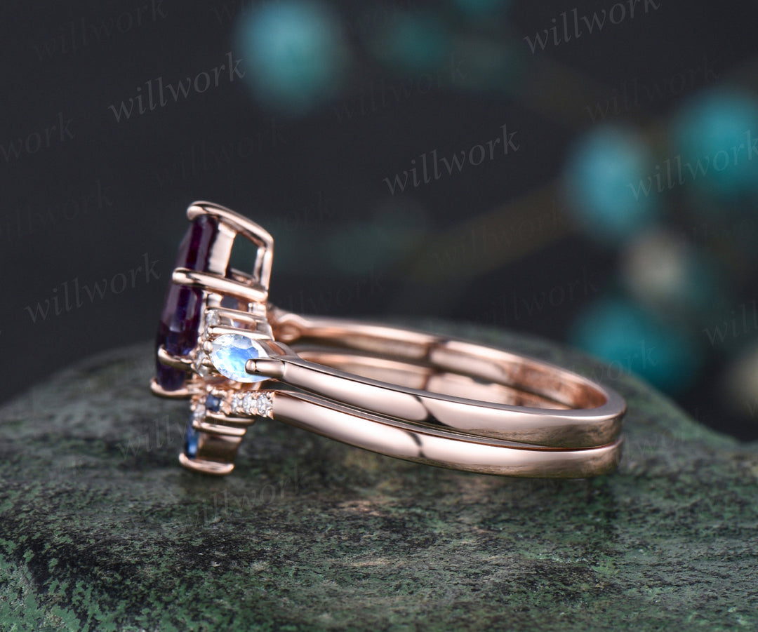 Unique Kite Cut Alexandrite Engagement Ring Set June Birthstone Moonstone Blue Sapphire Moissanite Diamond Ring 14k Rose Gold 2pcs Bridal Ring Set
