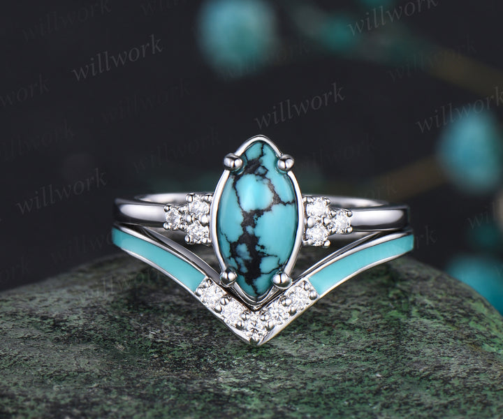 Vintage Marquise Cut Natural Turquoise Engagement Ring Set Moissanite Enamel Drop Oil Ring 14k White Gold December Birthstone 3pcs Bridal Ring Set