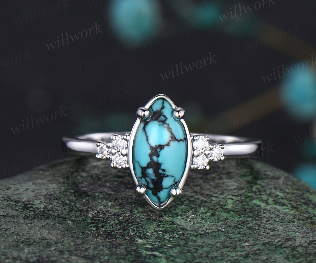 Vintage Marquise Cut Natural Turquoise Engagement Ring Set Moissanite Enamel Drop Oil Ring 14k White Gold December Birthstone 3pcs Bridal Ring Set