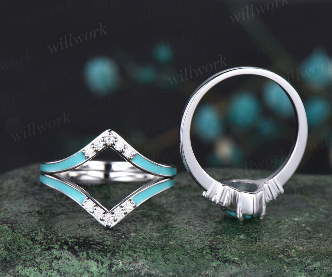 Vintage Marquise Cut Natural Turquoise Engagement Ring Set Moissanite Enamel Drop Oil Ring 14k White Gold December Birthstone 3pcs Bridal Ring Set