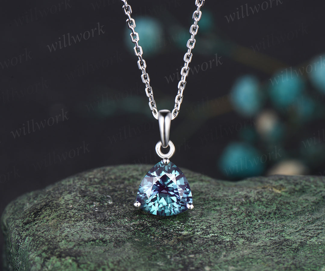 Minimalist Trillion Cut Alexandrite Necklace Delicate June Birthstone Color Change Stone Alexandrite Solitaire Pendant 14k White Gold Necklace