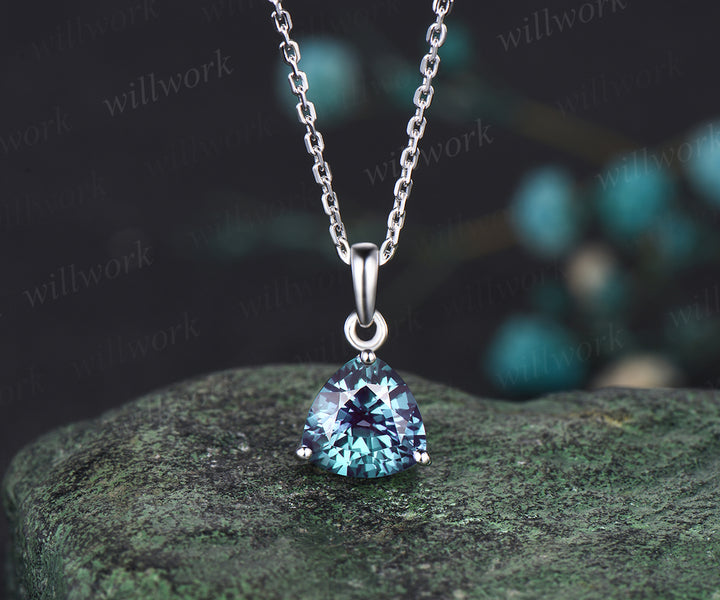 Minimalist Trillion Cut Alexandrite Necklace Delicate June Birthstone Color Change Stone Alexandrite Solitaire Pendant 14k White Gold Necklace
