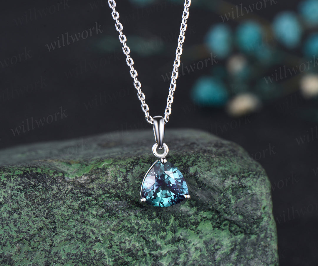 Minimalist Trillion Cut Alexandrite Necklace Delicate June Birthstone Color Change Stone Alexandrite Solitaire Pendant 14k White Gold Necklace