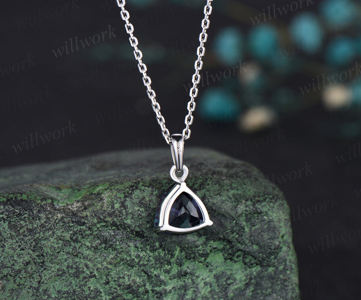 Minimalist Trillion Cut Alexandrite Necklace Delicate June Birthstone Color Change Stone Alexandrite Solitaire Pendant 14k White Gold Necklace