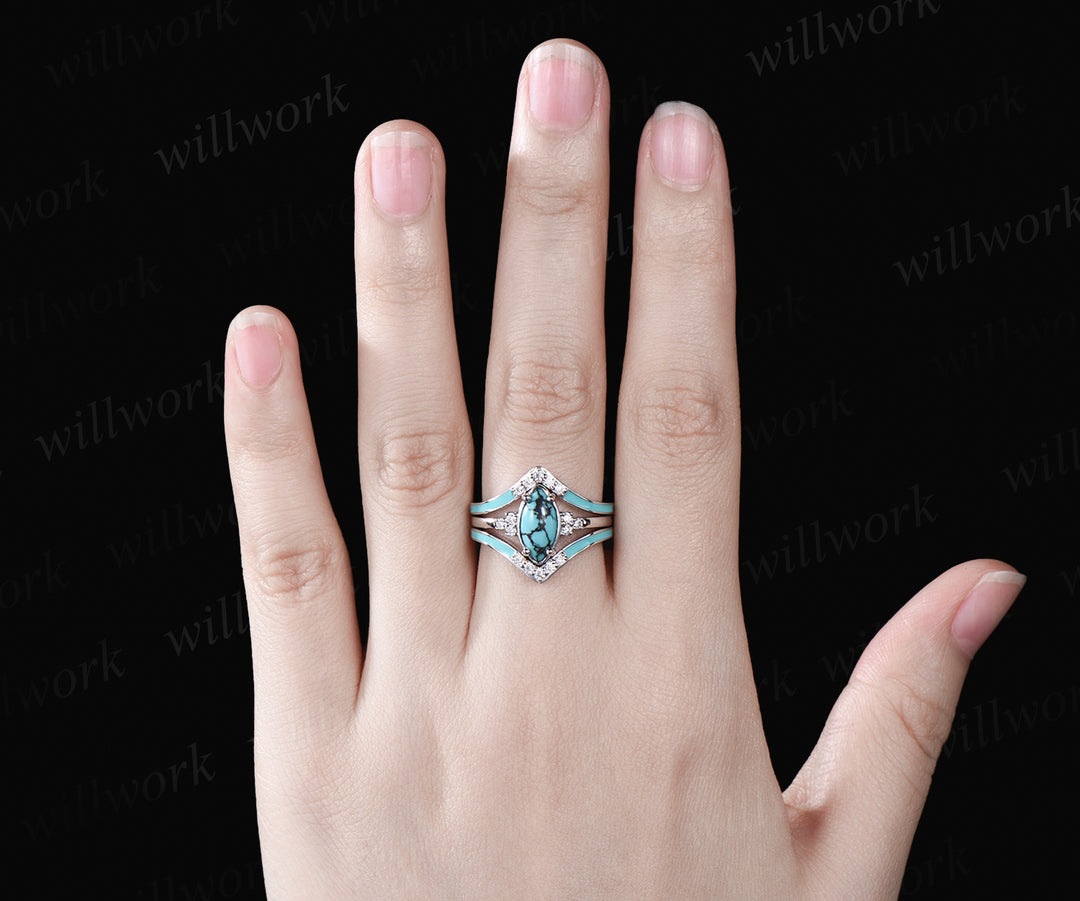 Vintage Marquise Cut Natural Turquoise Engagement Ring Set Moissanite Enamel Drop Oil Ring 14k White Gold December Birthstone 3pcs Bridal Ring Set