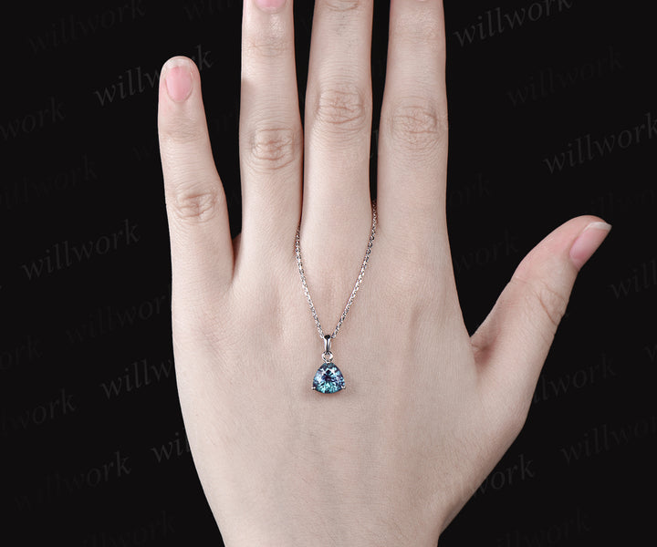 Minimalist Trillion Cut Alexandrite Necklace Delicate June Birthstone Color Change Stone Alexandrite Solitaire Pendant 14k White Gold Necklace
