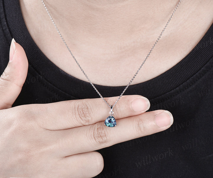 Minimalist Trillion Cut Alexandrite Necklace Delicate June Birthstone Color Change Stone Alexandrite Solitaire Pendant 14k White Gold Necklace