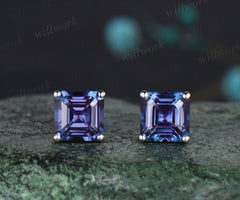 Unique Asscher Cut June Birthstone Alexandrite Earrings Color Change Stone Stud Earrings Solitaire Pierced Earrings Birthday Gift
