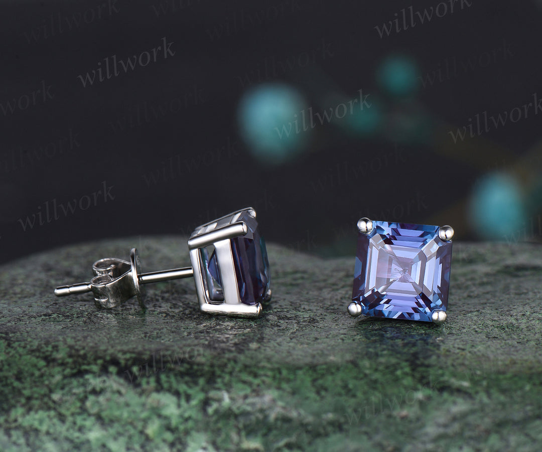 Unique Asscher Cut June Birthstone Alexandrite Earrings Color Change Stone Stud Earrings Solitaire Pierced Earrings Birthday Gift