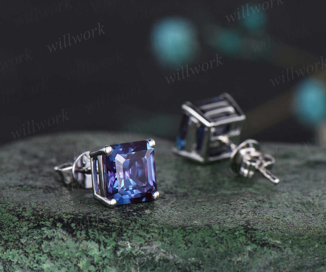 Unique Asscher Cut June Birthstone Alexandrite Earrings Color Change Stone Stud Earrings Solitaire Pierced Earrings Birthday Gift