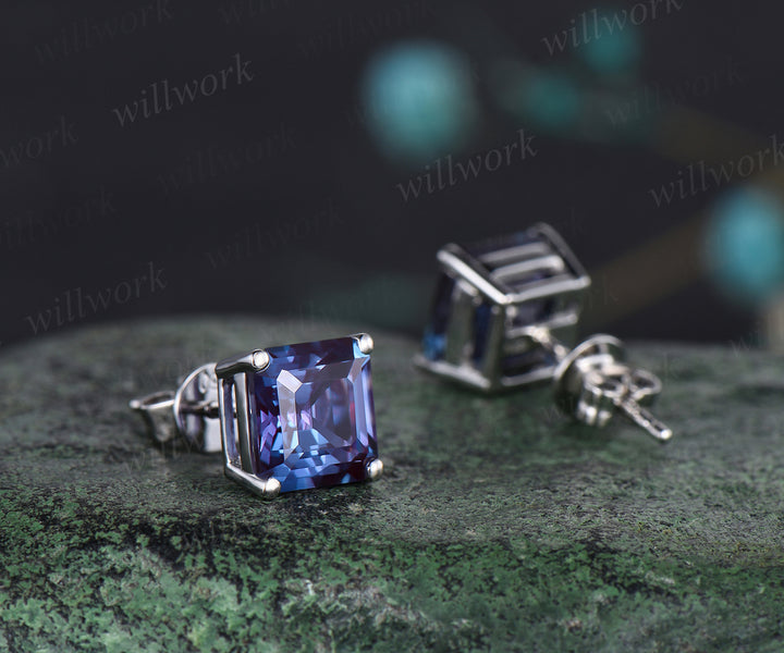Unique Asscher Cut June Birthstone Alexandrite Earrings Color Change Stone Stud Earrings Solitaire Pierced Earrings Birthday Gift