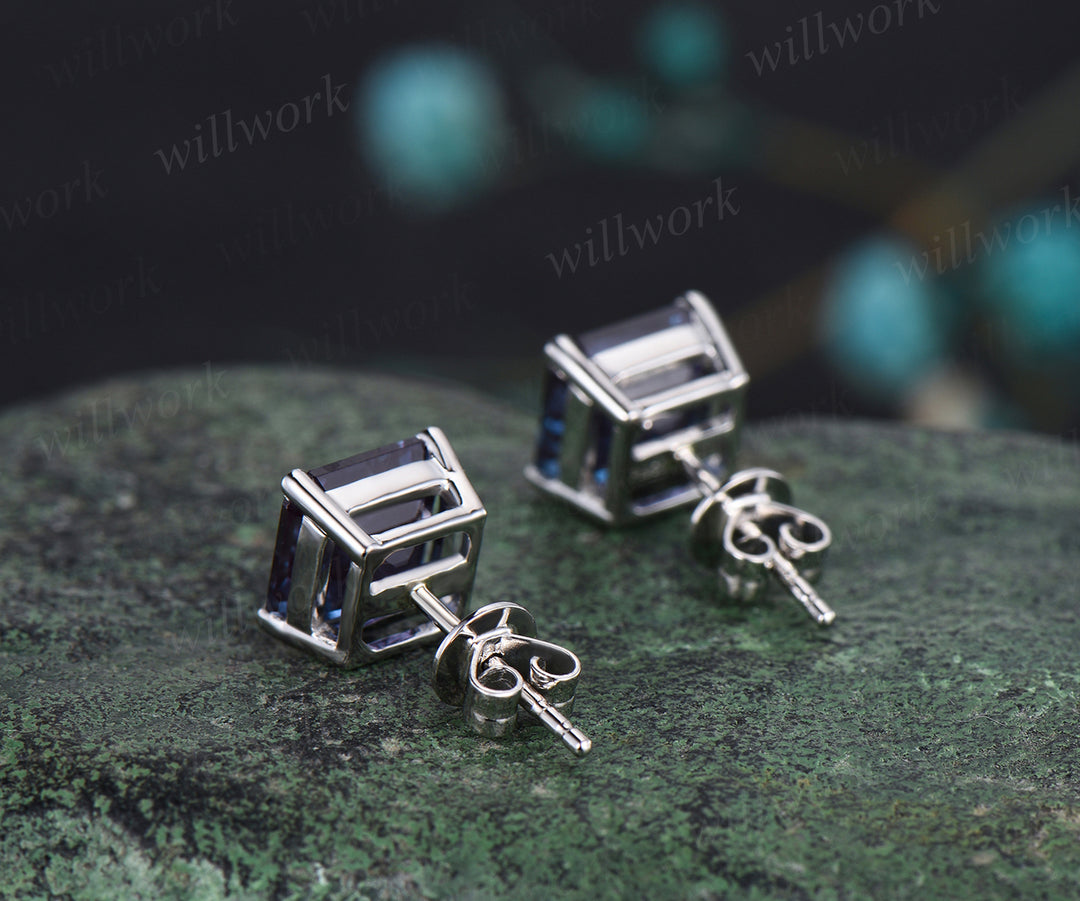 Unique Asscher Cut June Birthstone Alexandrite Earrings Color Change Stone Stud Earrings Solitaire Pierced Earrings Birthday Gift