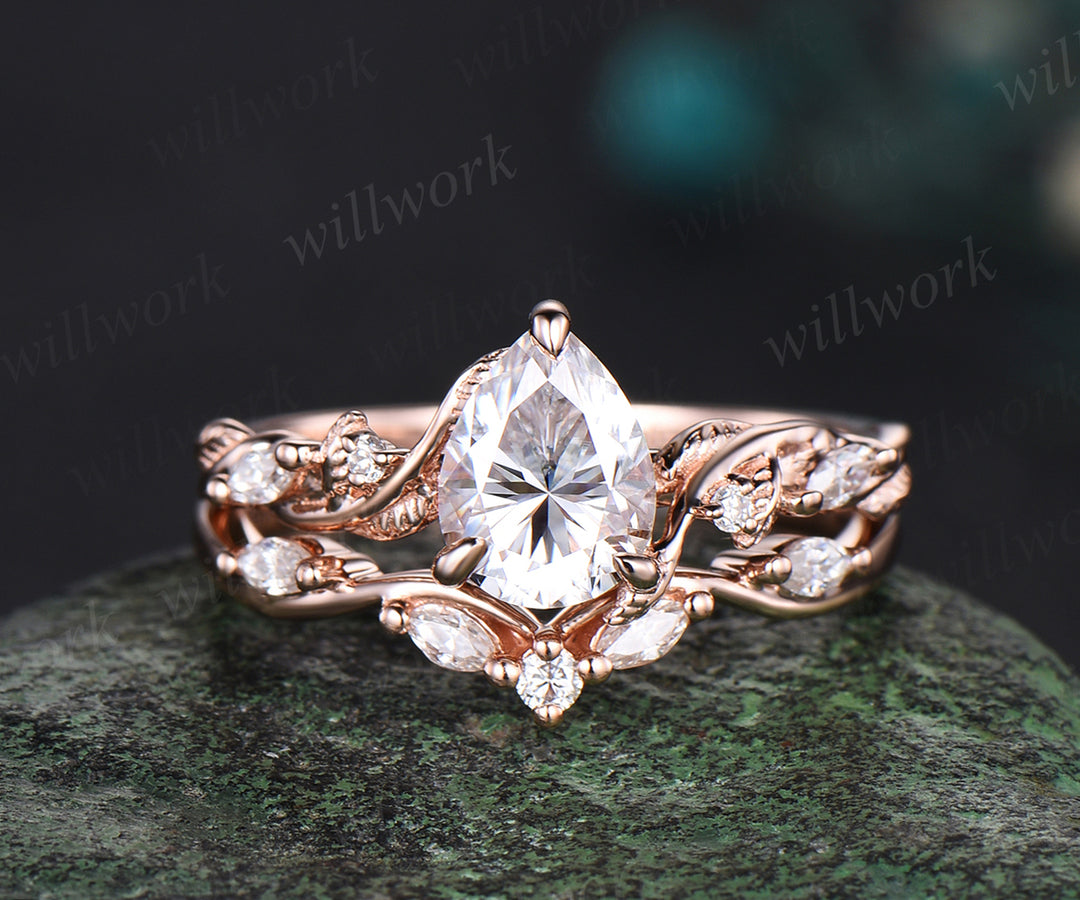 Pear cut IGI lab-grown diamond engagement Ring Set vintage rose gold Twist Leaf Vine diamond Ring Nature Inspired Branch promise Bridal ring Set women