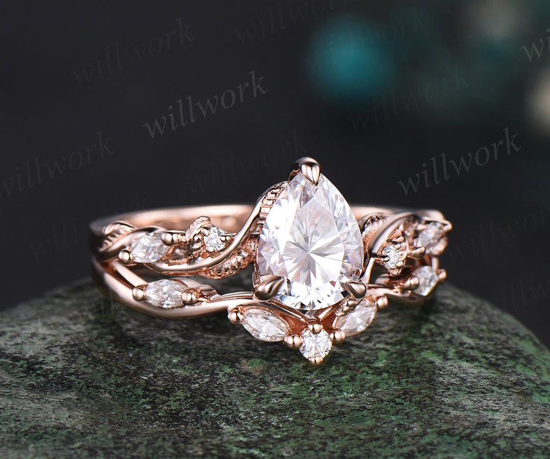 Pear cut IGI lab-grown diamond engagement Ring Set vintage rose gold Twist Leaf Vine diamond Ring Nature Inspired Branch promise Bridal ring Set women