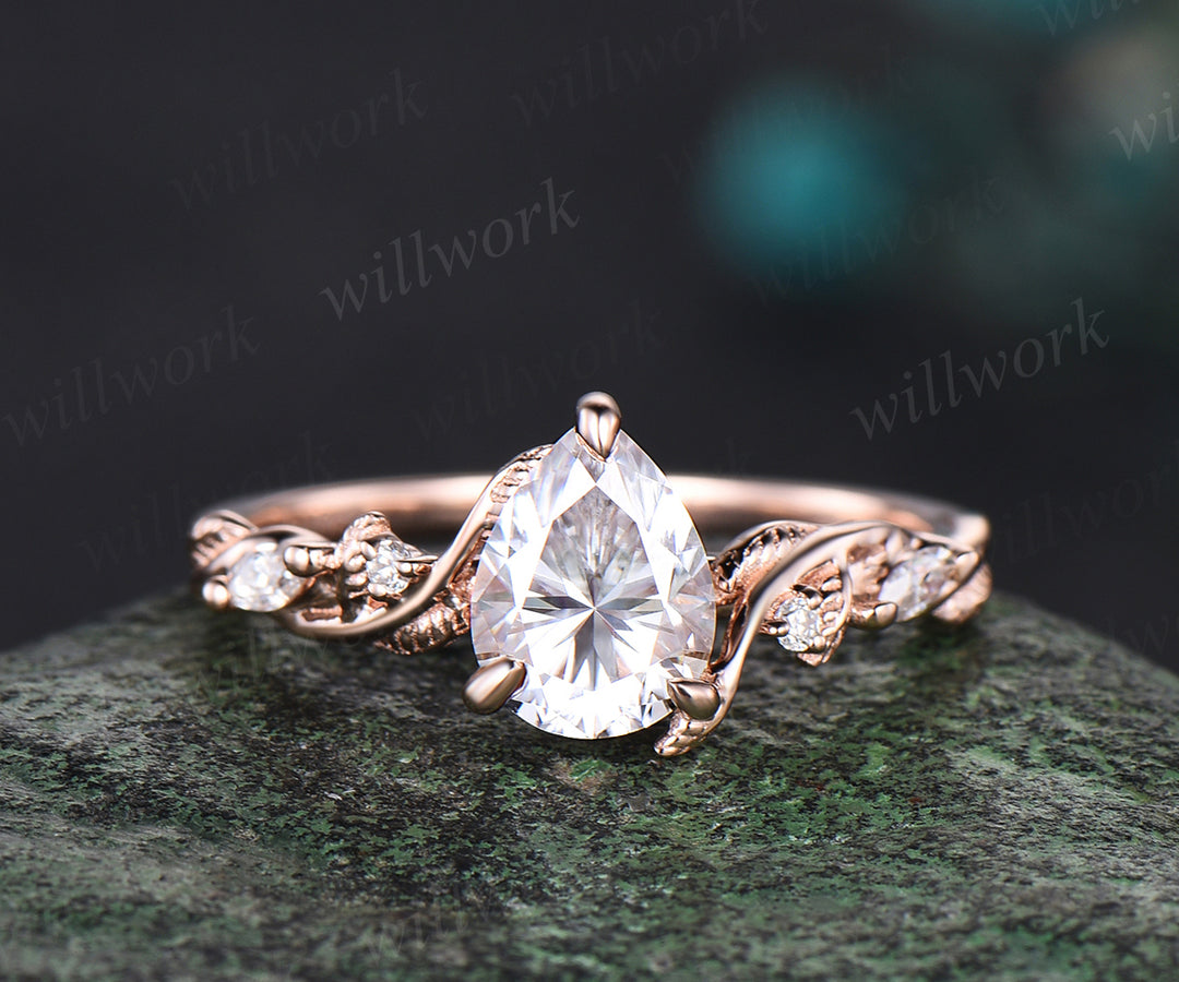 Pear cut IGI lab-grown diamond engagement Ring Set vintage rose gold Twist Leaf Vine diamond Ring Nature Inspired Branch promise Bridal ring Set women