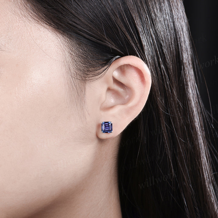 Unique Asscher Cut June Birthstone Alexandrite Earrings Color Change Stone Stud Earrings Solitaire Pierced Earrings Birthday Gift