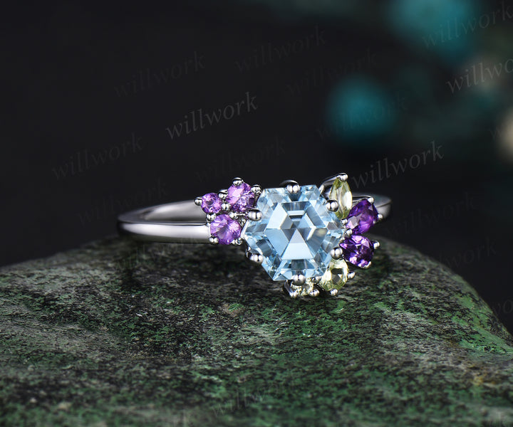Hexagon cut aquamarine engagement ring white gold 6 prong cluster peridot amethyst Multi-Stone Ring women jewelry