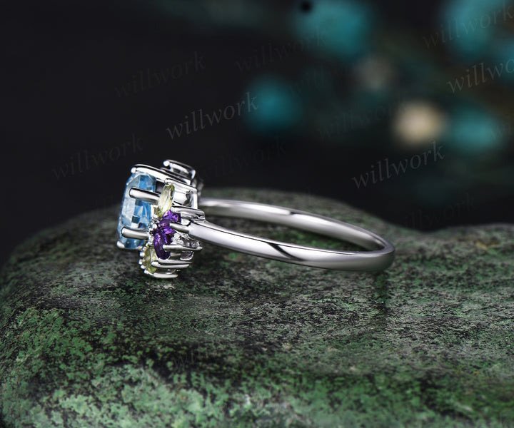 Hexagon cut aquamarine engagement ring white gold 6 prong cluster peridot amethyst Multi-Stone Ring women jewelry