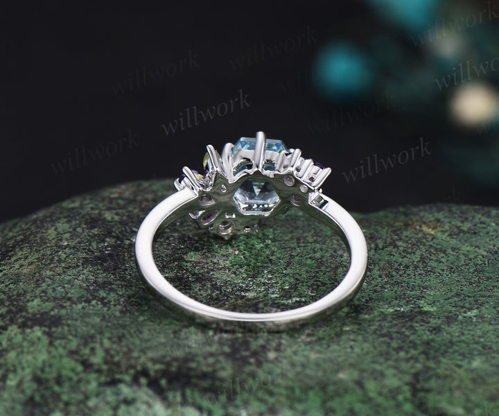 Hexagon cut aquamarine engagement ring white gold 6 prong cluster peridot amethyst Multi-Stone Ring women jewelry