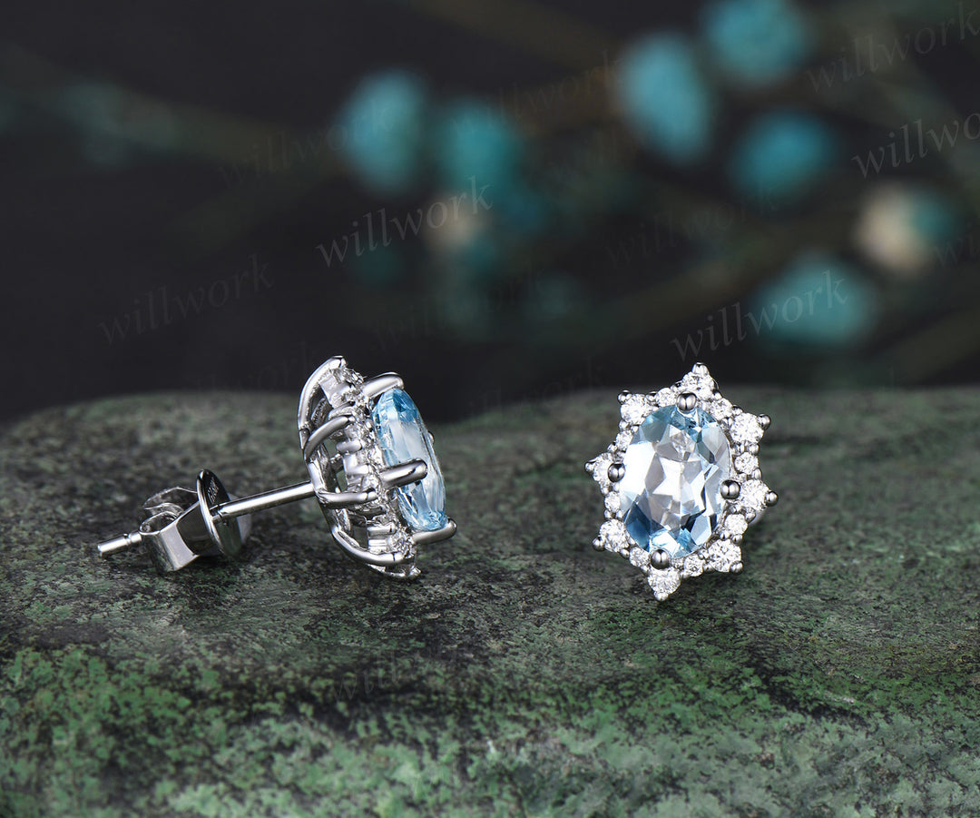 Oval cut natural aquamarine earrings 14k white gold halo snowdrift diamond drop earrings women anniversary gift for her
