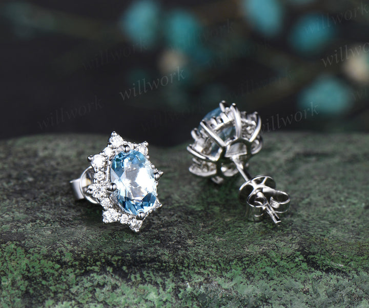 Oval cut natural aquamarine earrings 14k white gold halo snowdrift diamond drop earrings women anniversary gift for her