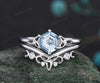 Unique Hexagon Cut March Birthstone Natural Aquamarine Engagement Ring Set 14k White Gold Moissanite Diamond Celtic Knot 2pcs Bridal Ring Set