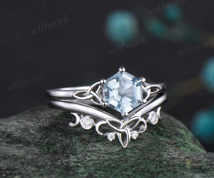 Unique Hexagon Cut March Birthstone Natural Aquamarine Engagement Ring Set 14k White Gold Moissanite Diamond Celtic Knot 2pcs Bridal Ring Set