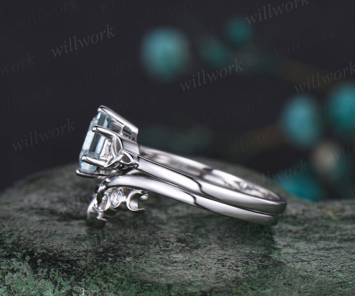 Unique Hexagon Cut March Birthstone Natural Aquamarine Engagement Ring Set 14k White Gold Moissanite Diamond Celtic Knot 2pcs Bridal Ring Set