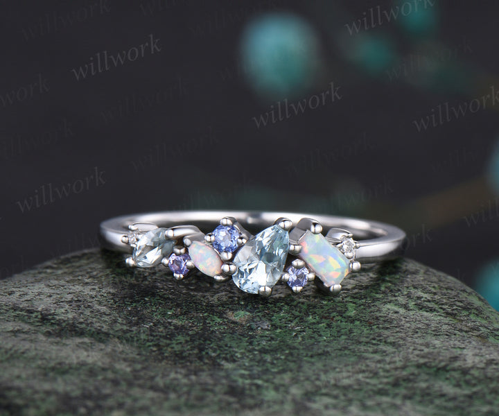 Natural Aquamarine Tanzanite Wedding Band Opal Cluster Multi-Stone Wedding Ring Minimalist 14k White Gold Bridal Anniversary Promise Custom Jewelry