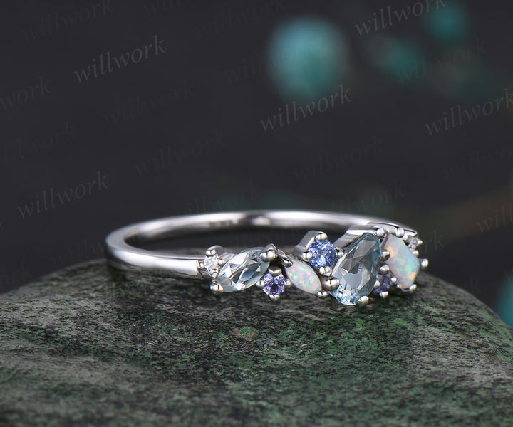 Natural Aquamarine Tanzanite Wedding Band Opal Cluster Multi-Stone Wedding Ring Minimalist 14k White Gold Bridal Anniversary Promise Custom Jewelry