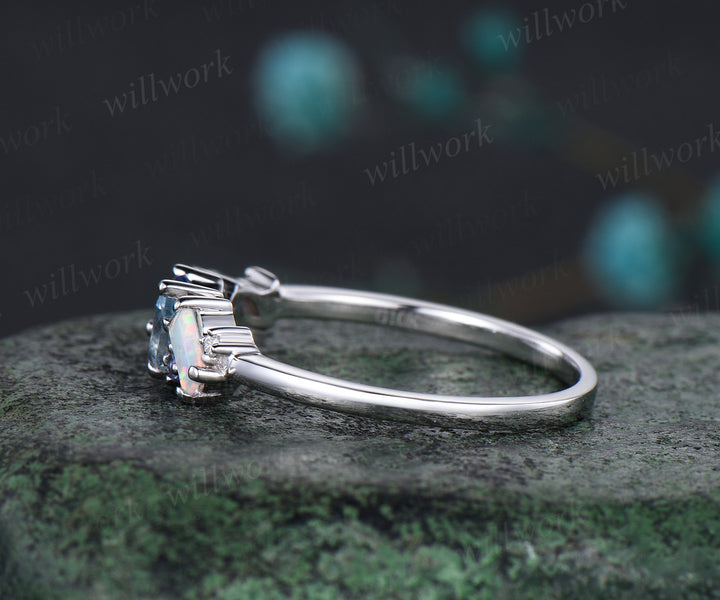 Natural Aquamarine Tanzanite Wedding Band Opal Cluster Multi-Stone Wedding Ring Minimalist 14k White Gold Bridal Anniversary Promise Custom Jewelry