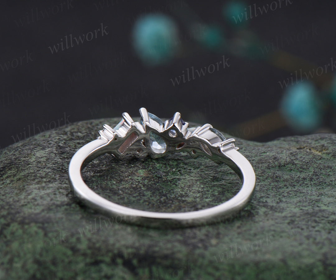 Natural Aquamarine Tanzanite Wedding Band Opal Cluster Multi-Stone Wedding Ring Minimalist 14k White Gold Bridal Anniversary Promise Custom Jewelry