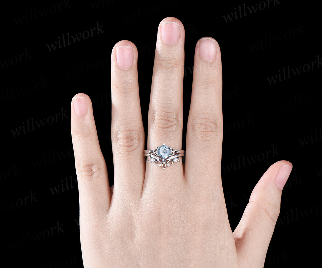 Unique Hexagon Cut March Birthstone Natural Aquamarine Engagement Ring Set 14k White Gold Moissanite Diamond Celtic Knot 2pcs Bridal Ring Set