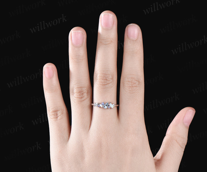 Natural Aquamarine Tanzanite Wedding Band Opal Cluster Multi-Stone Wedding Ring Minimalist 14k White Gold Bridal Anniversary Promise Custom Jewelry