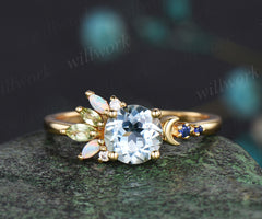 Round cut aquamarine ring yellow gold cluster opal ring women peridot sapphire moon ring dainty engagement ring gift