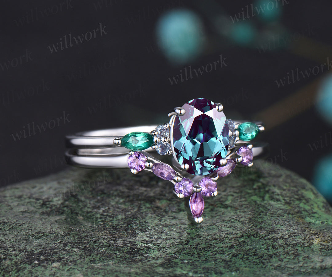 June Birthstone Oval Cut Alexandrite Engagement Ring Set Unique Emerald Amethyst Seven Stone Ring 14k White Gold 2pcs Bridal Ring Set